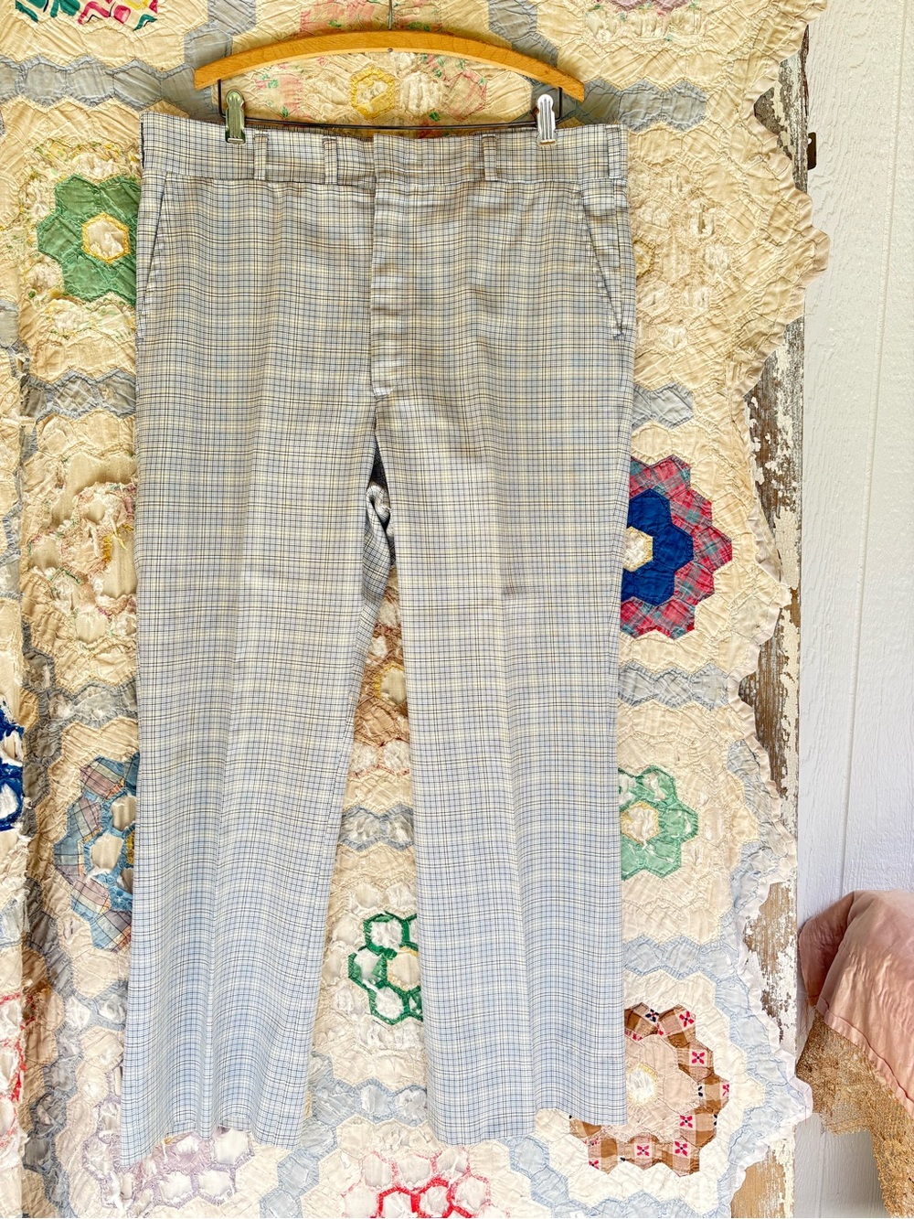 Vintage 70s Men’s High Rise Flare Plaid Pants  Talon Zipper 19 inch waist
